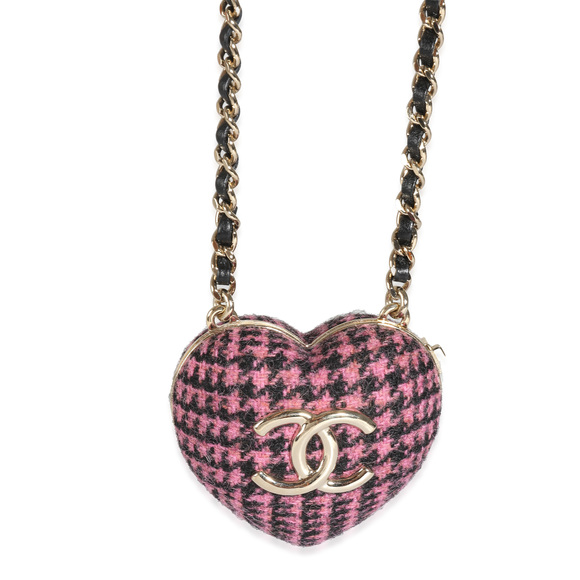 Gold Plated Chanel 2022 Tweed Heart Locket Necklace - Picture 1 of 3
